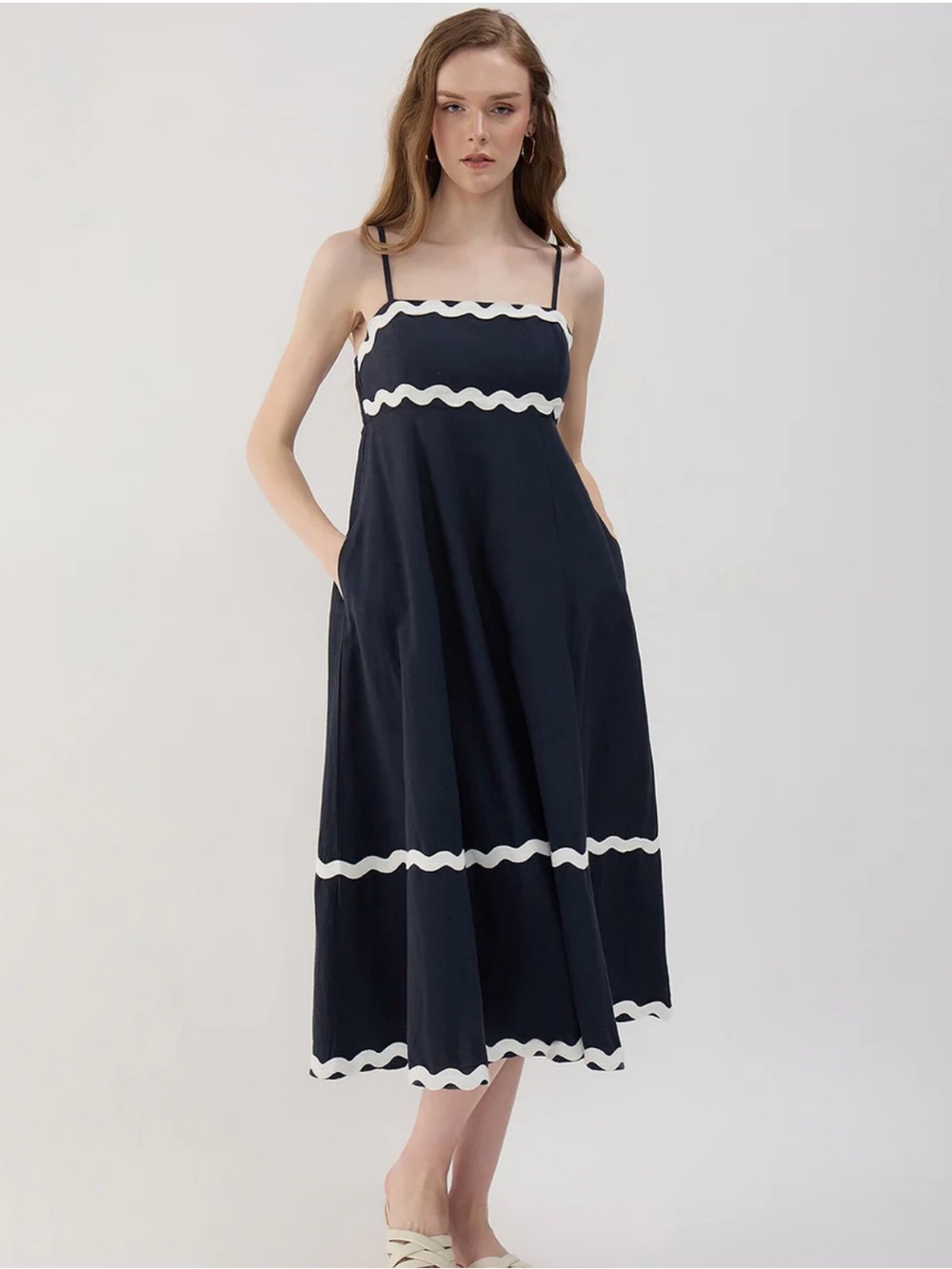 Sim & Sam Navy/White Midi A-Line Spaghetti Strap Dress.